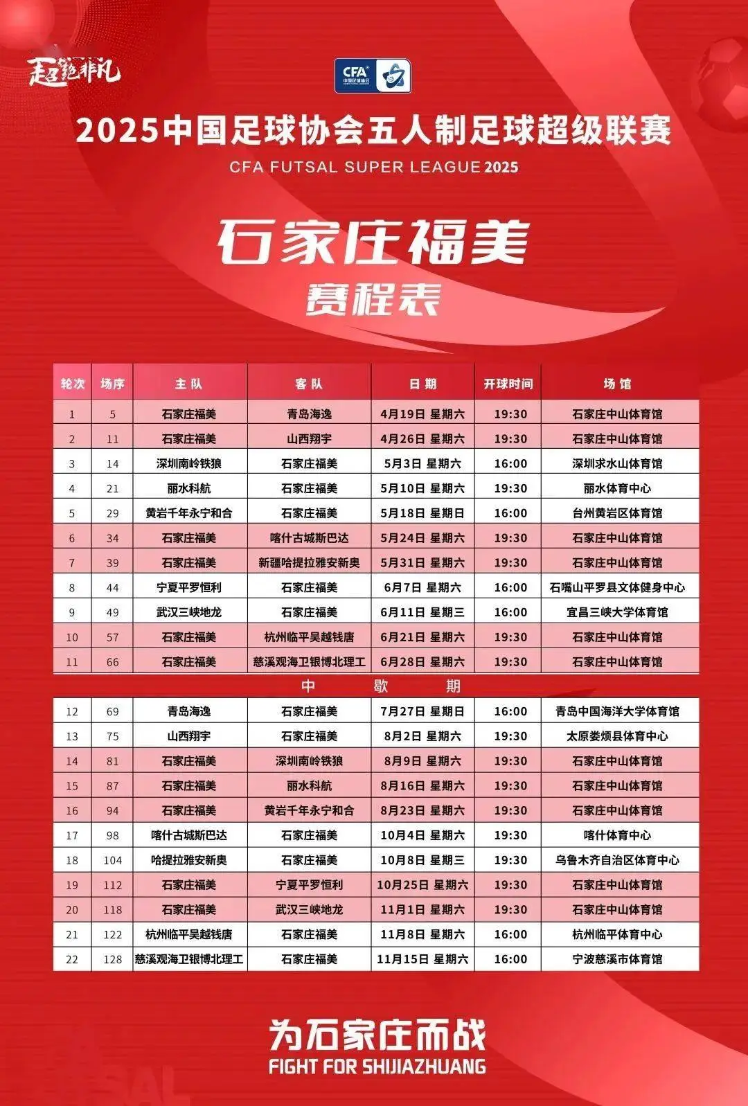 2025中国足球协会五人制足球超级联赛 石家庄福美队赛程来啦